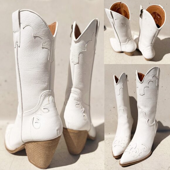 NEW White Western Cowgirl Cutout Applique Pointy Toe Block Heel Mid Calf Boots - Picture 16 of 16